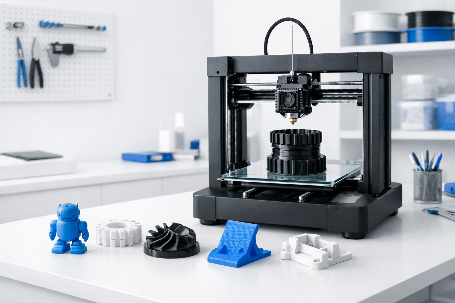 3D-принтер за работой и напечатанные детали